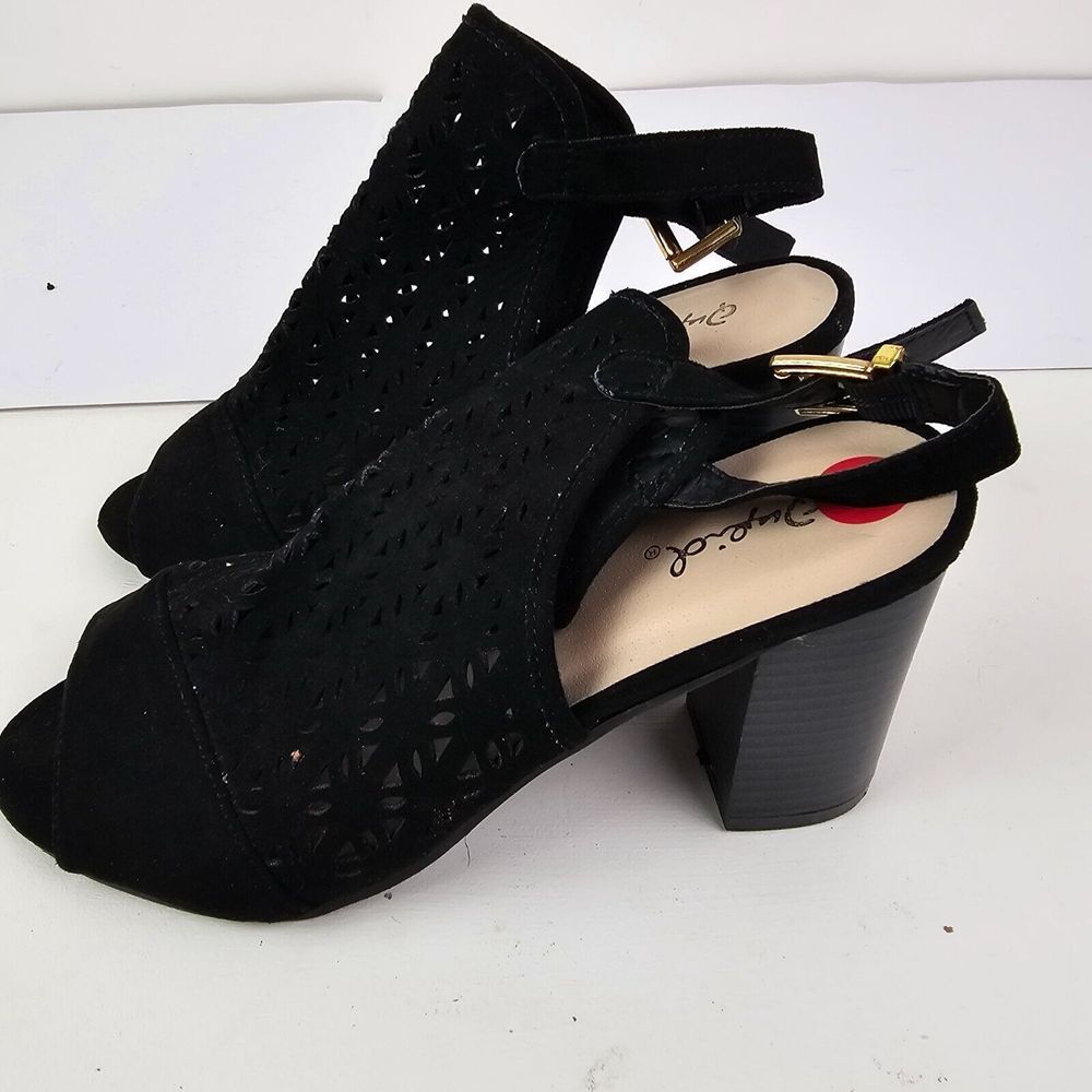 Qupid Women's Black Perforated‎ Ankle Strap Booties Peep Toe Chunk Heel